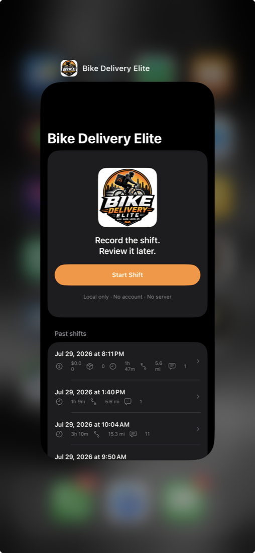 Bike Delivery Elite app showing recorded shifts, mileage, duration, and notes